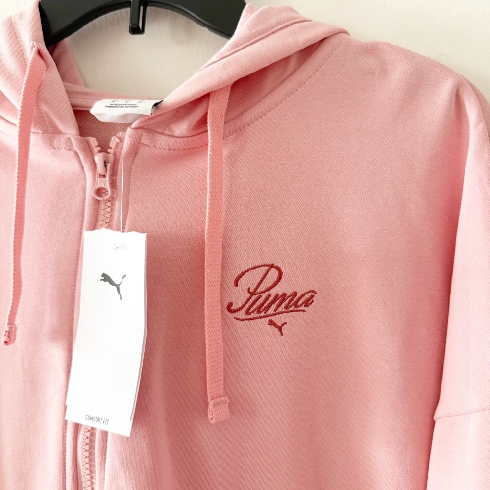 NEW Puma Script Logo Full Zip Hoodie In Rosy Outlook Pink Size XL - Picture 3 of 5